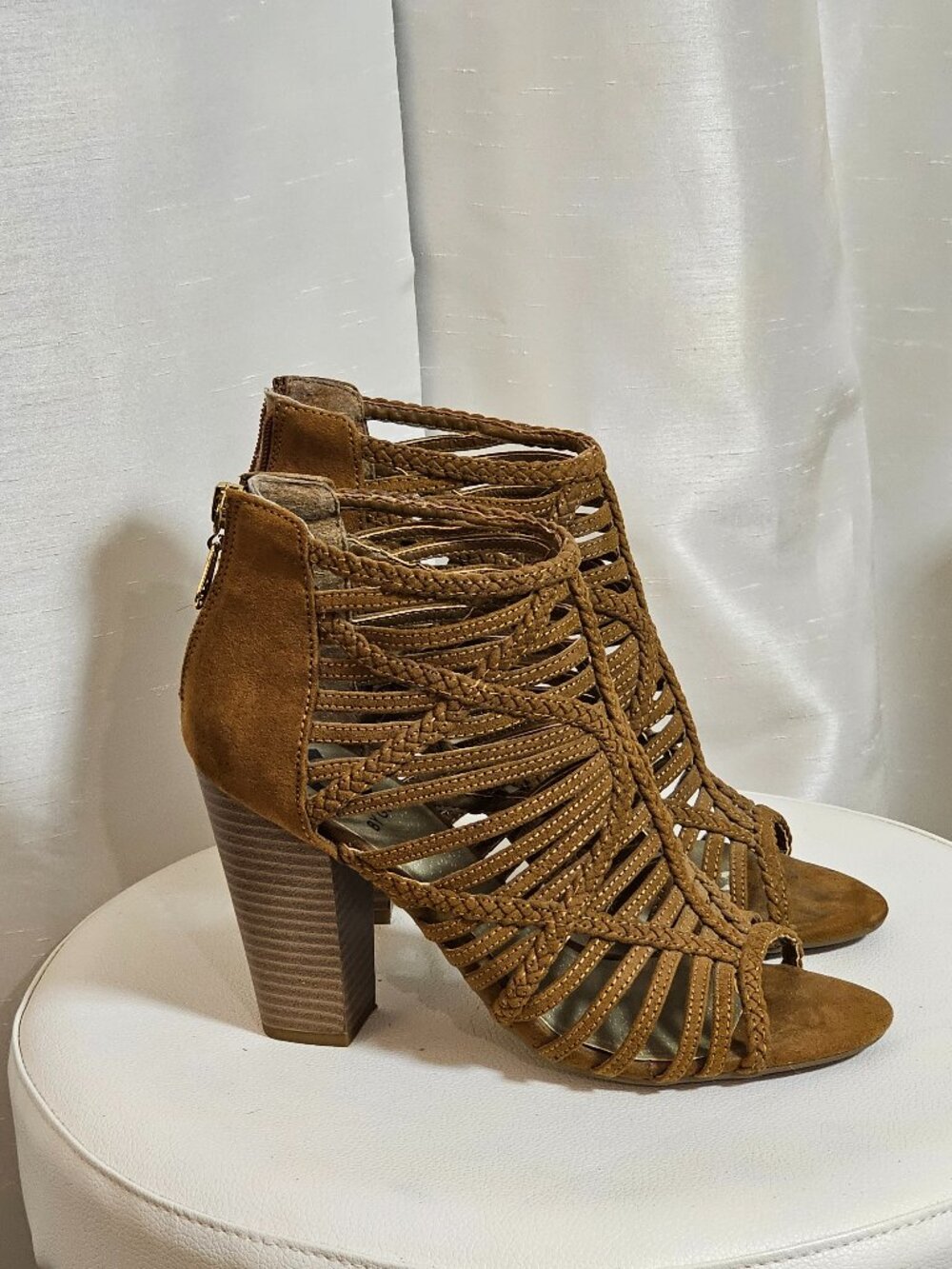 Women's Cognac Braided Gladiator Block Heel Sandals | Peep Toe Cage Heels